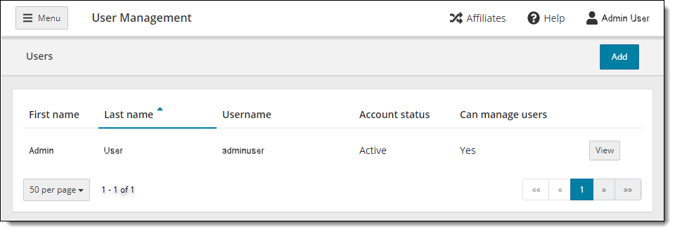 User Management list with Affiliates menu.